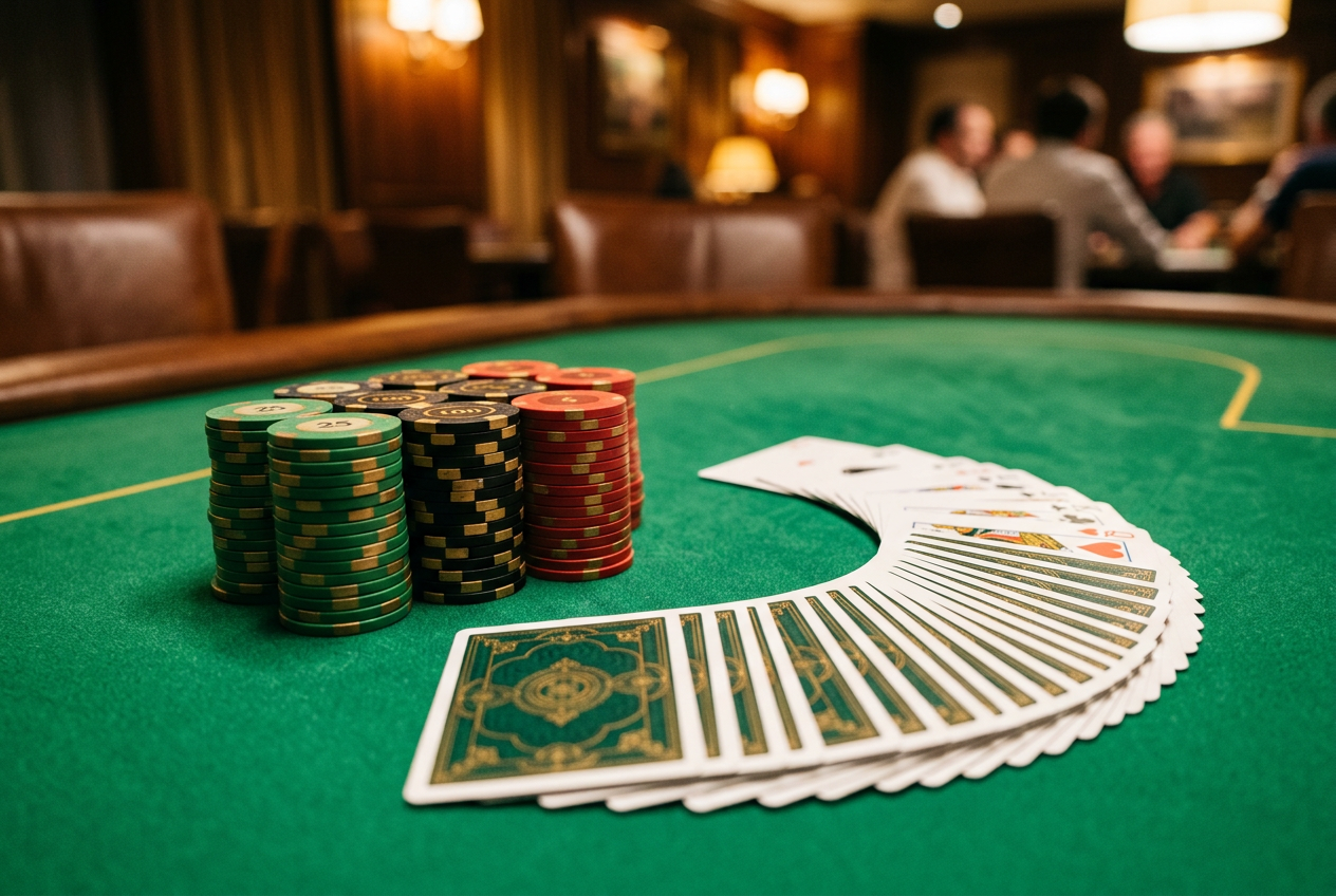 Detailní pohled na pokerové žetony a hrací karty v kasinu